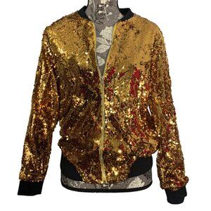 NWT $89 CRESAY Bomber Jacket Sequin Fitted Gold Sequence Zip Up Blazer SZ Small